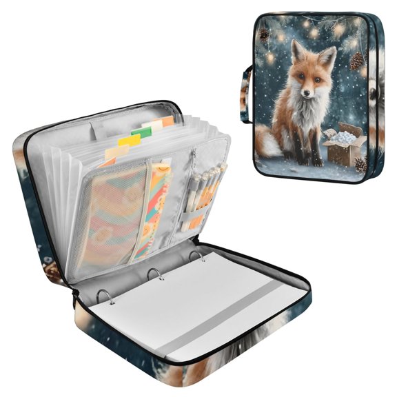 Haosy Accordion File Organizer Zipper Binder 500 Sheet 6-Tab Expanding File Folder Multi-Pocket 1.2 Inch 3 Ring Cute Fox Twinkling Lights Snow