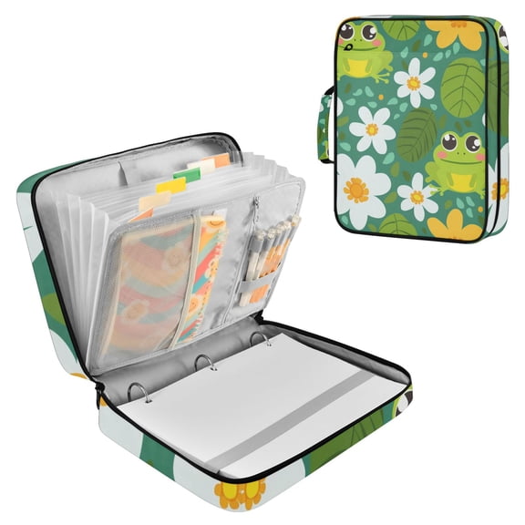 Haosy Accordion File Organizer Zipper Binder 500 Sheet 6-Tab Expanding File Folder Multi-Pocket 1.2 Inch 3 Ring Cute Frog Leaf Flower