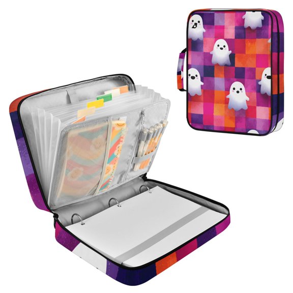 Haosy Accordion File Organizer Zipper Binder 500 Sheet 6-Tab Expanding File Folder Multi-Pocket 1.2 Inch 3 Ring Cute Ghost on Checkered