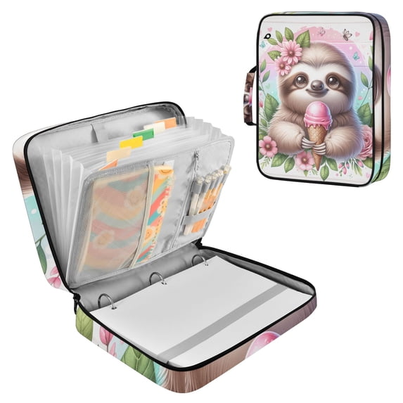 Haosy Accordion File Organizer Zipper Binder 500 Sheet 6-Tab Expanding File Folder Multi-Pocket 1.2 Inch 3 Ring Cute Sloth with Ice Cream
