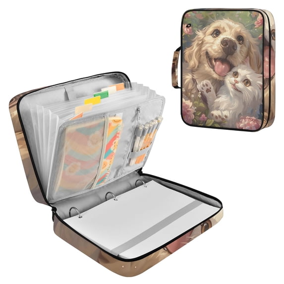 Haosy Accordion File Organizer Zipper Binder 500 Sheet 6-Tab Expanding File Folder Multi-Pocket 1.2 Inch 3 Ring Dog Cat in Flowerbed