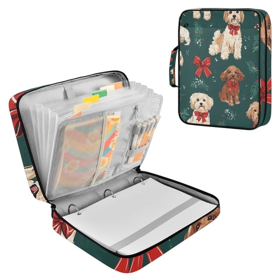 Haosy Accordion File Organizer Zipper Binder 500 Sheet 6-Tab Expanding File Folder Multi-Pocket 1.2 Inch 3 Ring Dog and Holly Leaves