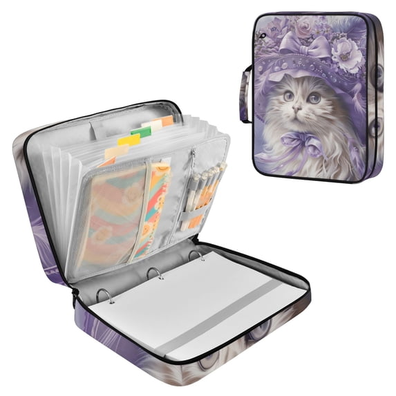 Haosy Accordion File Organizer Zipper Binder 500 Sheet 6-Tab Expanding File Folder Multi-Pocket 1.2 Inch 3 Ring Elegant Cat with Lilac Flowers Hat