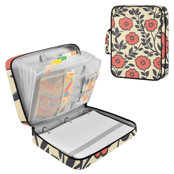 Haosy Accordion File Organizer Zipper Binder 500 Sheet 6-Tab Expanding File Folder Multi-Pocket 1.2 Inch 3 Ring Elegant Retro Flowers and Leaves