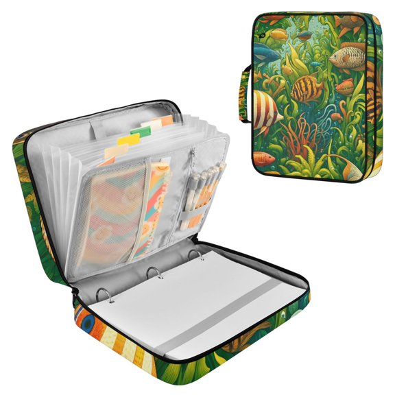 Haosy Accordion File Organizer Zipper Binder 500 Sheet 6-Tab Expanding File Folder Multi-Pocket 1.2 Inch 3 Ring Fish and Seaweeds