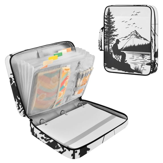 Haosy Accordion File Organizer Zipper Binder 500 Sheet 6-Tab Expanding File Folder Multi-Pocket 1.2 Inch 3 Ring Fishing in Mountains Silhouette