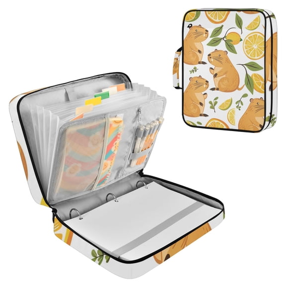Haosy Accordion File Organizer Zipper Binder 500 Sheet 6-Tab Expanding File Folder Multi-Pocket 1.2 Inch 3 Ring Funny Baby Capybaras and Orange