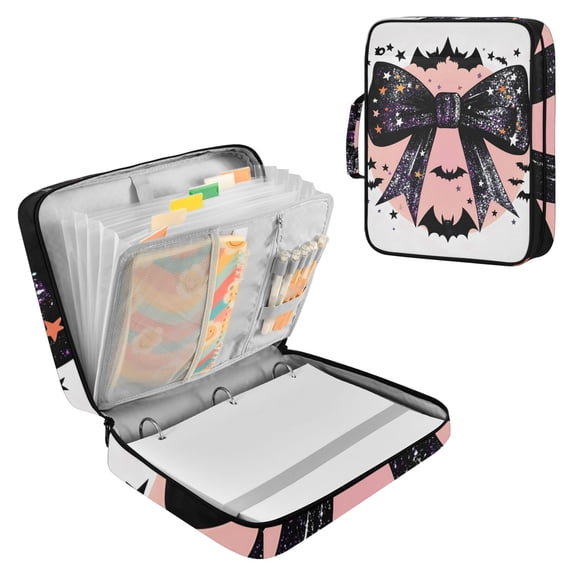 Haosy Accordion File Organizer Zipper Binder 500 Sheet 6-Tab Expanding File Folder Multi-Pocket 1.2 Inch 3 Ring Glittery Bow with Bats Silhouette