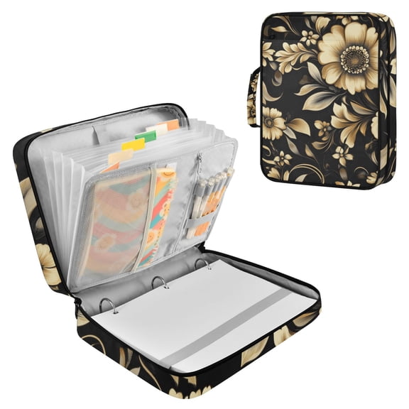 Haosy Accordion File Organizer Zipper Binder 500 Sheet 6-Tab Expanding File Folder Multi-Pocket 1.2 Inch 3 Ring Gold Flowers and Leaves