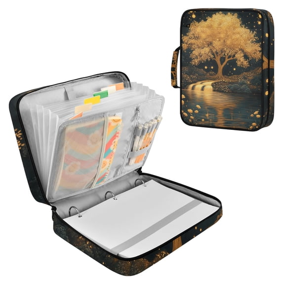 Haosy Accordion File Organizer Zipper Binder 500 Sheet 6-Tab Expanding File Folder Multi-Pocket 1.2 Inch 3 Ring Golden Tree on River Bank