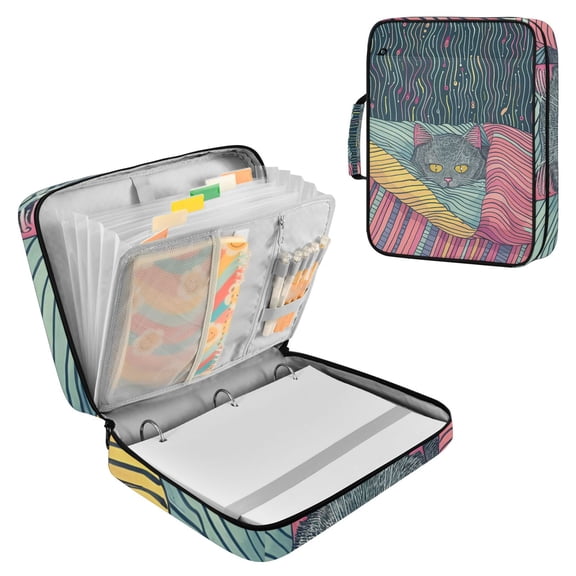 Haosy Accordion File Organizer Zipper Binder 500 Sheet 6-Tab Expanding File Folder Multi-Pocket 1.2 Inch 3 Ring Gray Cat Hiding under Blanket