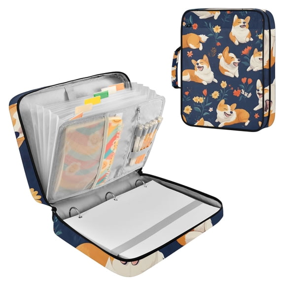Haosy Accordion File Organizer Zipper Binder 500 Sheet 6-Tab Expanding File Folder Multi-Pocket 1.2 Inch 3 Ring Happy Corgis and Flower