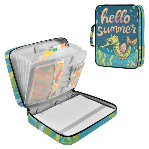 Haosy Accordion File Organizer Zipper Binder 500 Sheet 6-Tab Expanding File Folder Multi-Pocket 1.2 Inch 3 Ring Hello Summer Seahorses