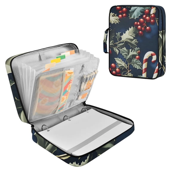 Haosy Accordion File Organizer Zipper Binder 500 Sheet 6-Tab Expanding File Folder Multi-Pocket 1.2 Inch 3 Ring Holly Leaves Berries Candy Canes