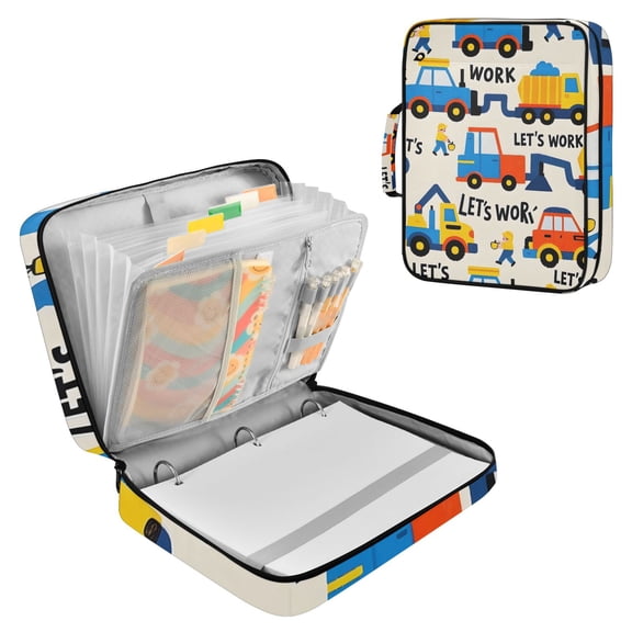 Haosy Accordion File Organizer Zipper Binder 500 Sheet 6-Tab Expanding File Folder Multi-Pocket 1.2 Inch 3 Ring Let's Work Construction Vehicle