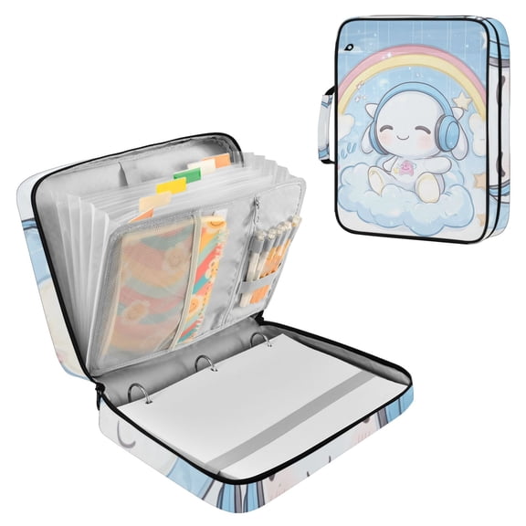 Haosy Accordion File Organizer Zipper Binder 500 Sheet 6-Tab Expanding File Folder Multi-Pocket 1.2 Inch 3 Ring Lovely Rabbit Rainbow Clouds Stars