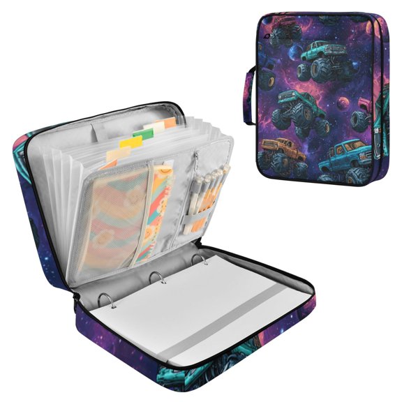 Haosy Accordion File Organizer Zipper Binder 500 Sheet 6-Tab Expanding File Folder Multi-Pocket 1.2 Inch 3 Ring Monster Trucks in Space