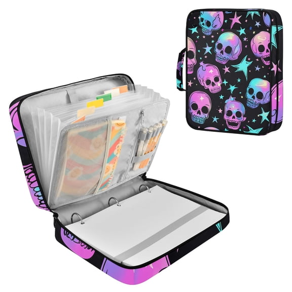 Haosy Accordion File Organizer Zipper Binder 500 Sheet 6-Tab Expanding File Folder Multi-Pocket 1.2 Inch 3 Ring Neon Skulls and Stars