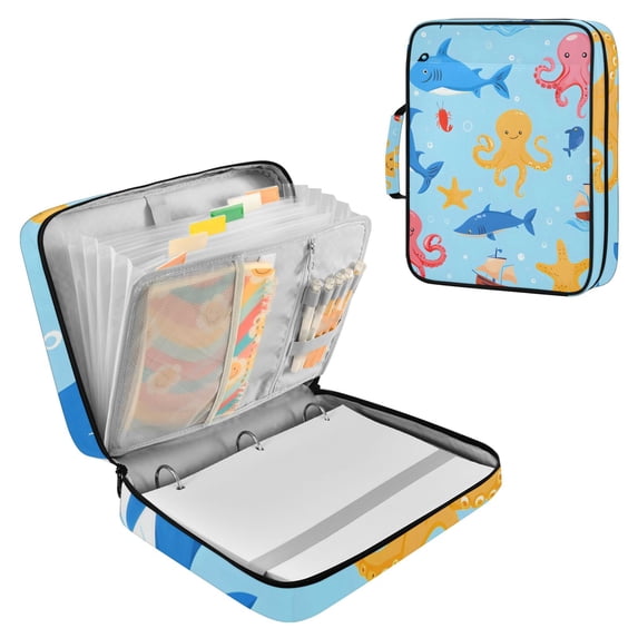 Haosy Accordion File Organizer Zipper Binder 500 Sheet 6-Tab Expanding File Folder Multi-Pocket 1.2 Inch 3 Ring Octopus Fish Ship Starfish