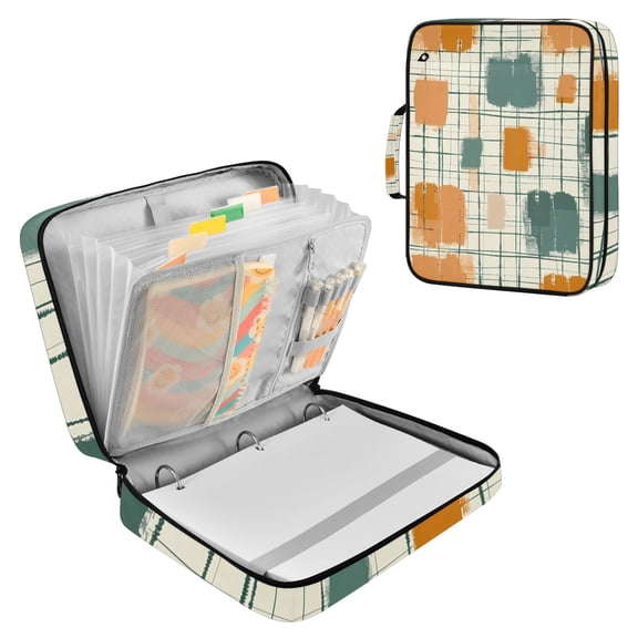 Haosy Accordion File Organizer Zipper Binder 500 Sheet 6-Tab Expanding File Folder Multi-Pocket 1.2 Inch 3 Ring Orange Green on Cream Squares