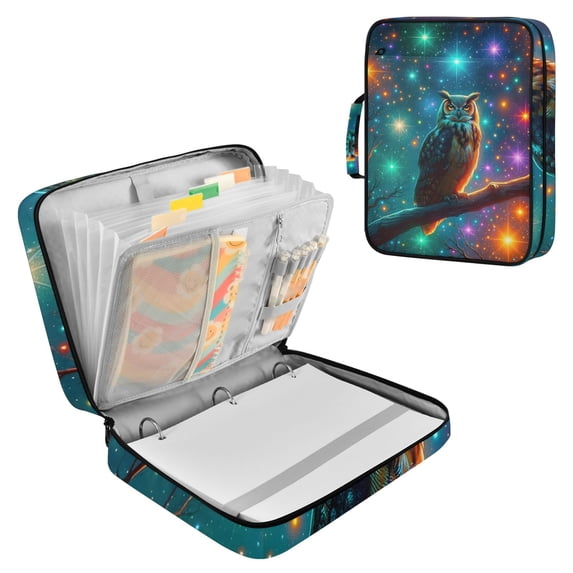 Haosy Accordion File Organizer Zipper Binder 500 Sheet 6-Tab Expanding File Folder Multi-Pocket 1.2 Inch 3 Ring Owl on Branch with Colorful Star
