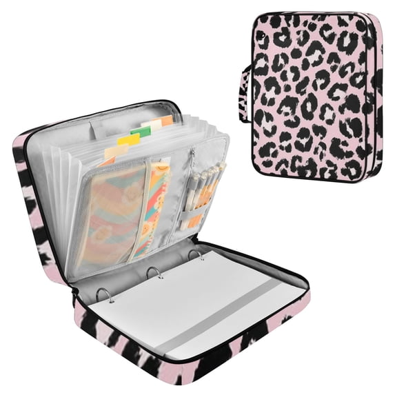 Haosy Accordion File Organizer Zipper Binder 500 Sheet 6-Tab Expanding File Folder Multi-Pocket 1.2 Inch 3 Ring Pink Leopard