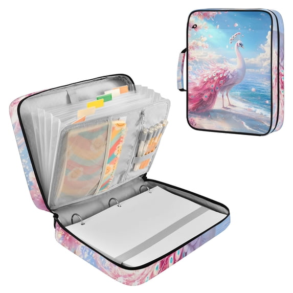 Haosy Accordion File Organizer Zipper Binder 500 Sheet 6-Tab Expanding File Folder Multi-Pocket 1.2 Inch 3 Ring Pink Peacock Stands on Beach