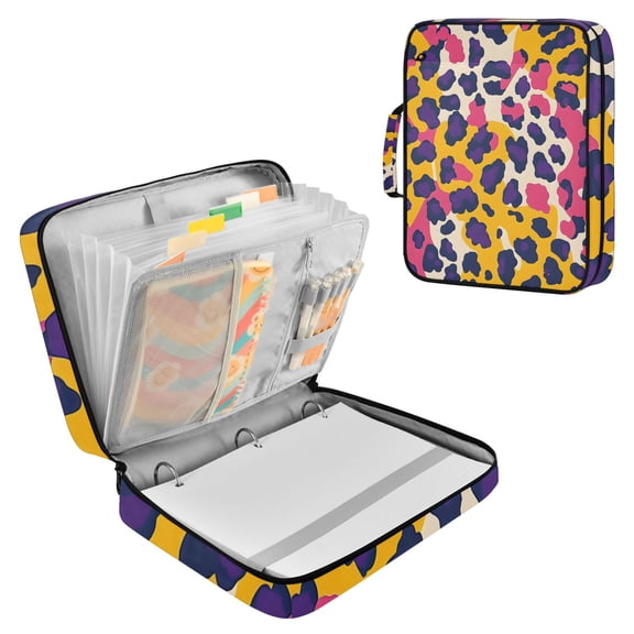 Haosy Accordion File Organizer Zipper Binder 500 Sheet 6-Tab Expanding File Folder Multi-Pocket 1.2 Inch 3 Ring Pink Yellow Leopard