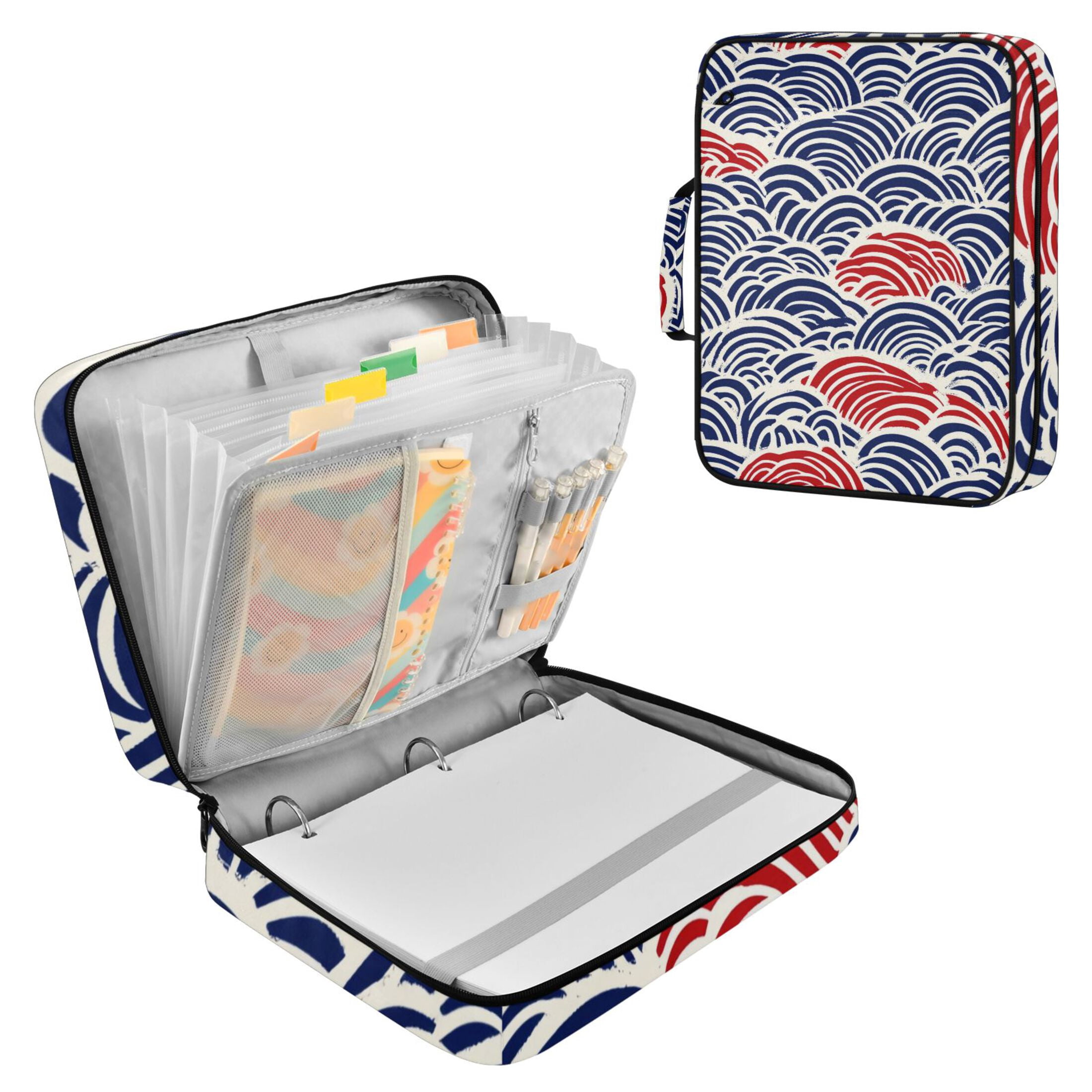 Haosy Accordion File Organizer Zipper Binder 500 Sheet 6-Tab Expanding File Folder Multi-Pocket 1.2 Inch 3 Ring Red Blue Japanese Wave