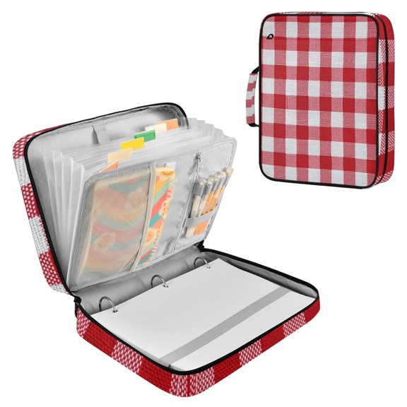 Haosy Accordion File Organizer Zipper Binder 500 Sheet 6-Tab Expanding File Folder Multi-Pocket 1.2 Inch 3 Ring Red and White Checkered