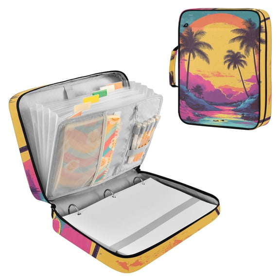 Haosy Accordion File Organizer Zipper Binder 500 Sheet 6-Tab Expanding File Folder Multi-Pocket 1.2 Inch 3 Ring Retro Palm Trees and Sunset