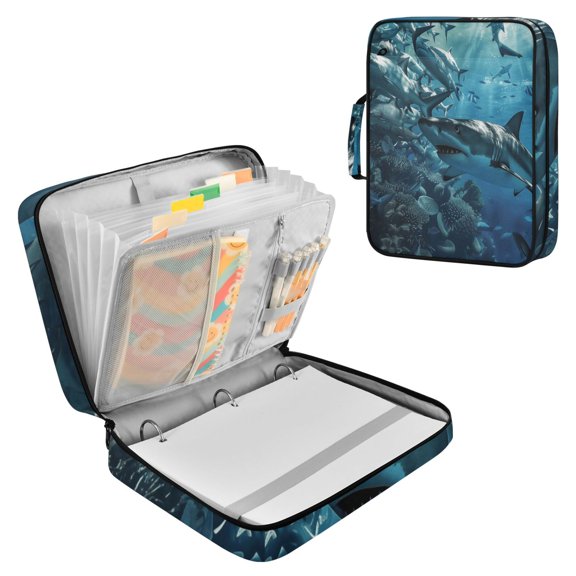 Haosy Accordion File Organizer Zipper Binder 500 Sheet 6-Tab Expanding File Folder Multi-Pocket 1.2 Inch 3 Ring Shark Swimming in Fish