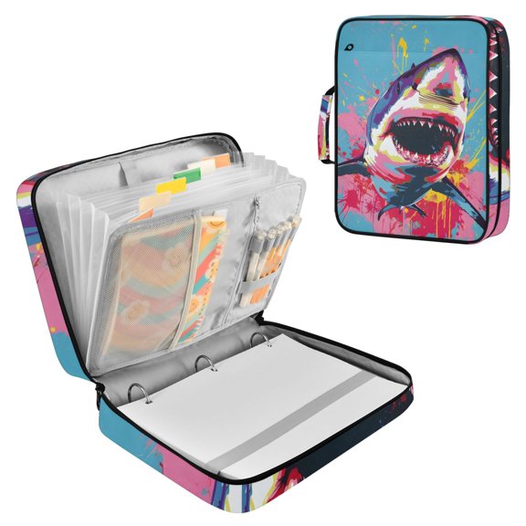 Haosy Accordion File Organizer Zipper Binder 500 Sheet 6-Tab Expanding File Folder Multi-Pocket 1.2 Inch 3 Ring Shark with Paint