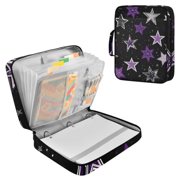 Haosy Accordion File Organizer Zipper Binder 500 Sheet 6-Tab Expanding File Folder Multi-Pocket 1.2 Inch 3 Ring Stars with Silver and Purple