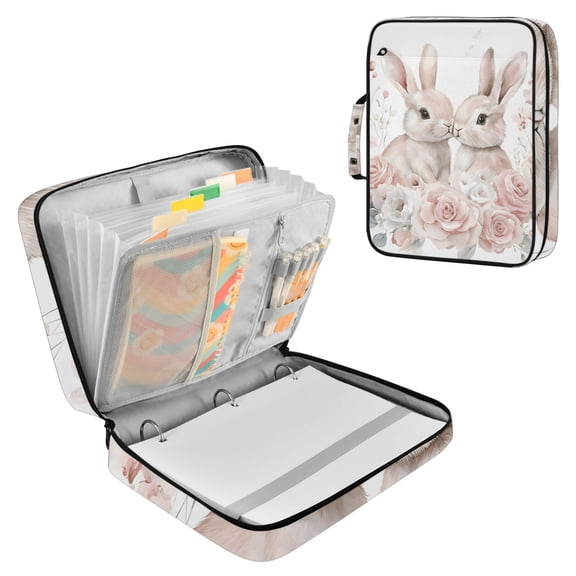 Haosy Accordion File Organizer Zipper Binder 500 Sheet 6-Tab Expanding File Folder Multi-Pocket 1.2 Inch 3 Ring Two Bunnies with Flower