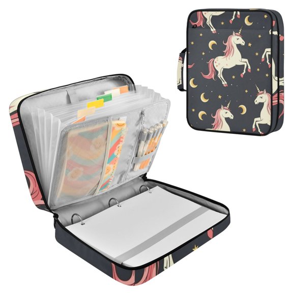 Haosy Accordion File Organizer Zipper Binder 500 Sheet 6-Tab Expanding File Folder Multi-Pocket 1.2 Inch 3 Ring Unicorn Moon Star