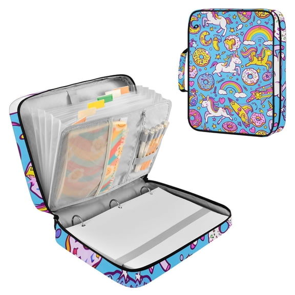 Haosy Accordion File Organizer Zipper Binder 500 Sheet 6-Tab Expanding File Folder Multi-Pocket 1.2 Inch 3 Ring Unicorns Donuts Rainbow