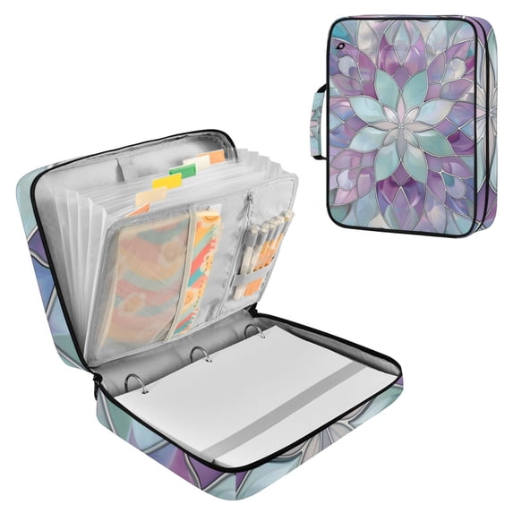 Haosy Accordion File Organizer Zipper Binder 500 Sheet 6-Tab Expanding File Folder Multi-Pocket 1.2 Inch 3 Ring Violet Floral Stained Glass