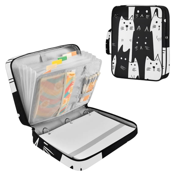 Haosy Accordion File Organizer Zipper Binder 500 Sheet 6-Tab Expanding File Folder Multi-Pocket 1.2 Inch 3 Ring White Black Cat