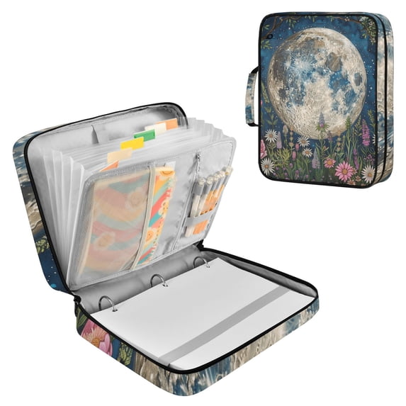 Haosy Accordion File Organizer Zipper Binder 500 Sheet 6-Tab Expanding File Folder Multi-Pocket 1.2 Inch 3 Ring Wildflowers and Trees Surrounded Full Moon