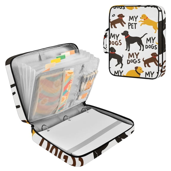 Haosy Accordion File Organizer Zipper Binder 500 Sheet 6-Tab Expanding File Folder Multi-Pocket 1.2 Inch 3 Ring Yellow Black Brown Dogs