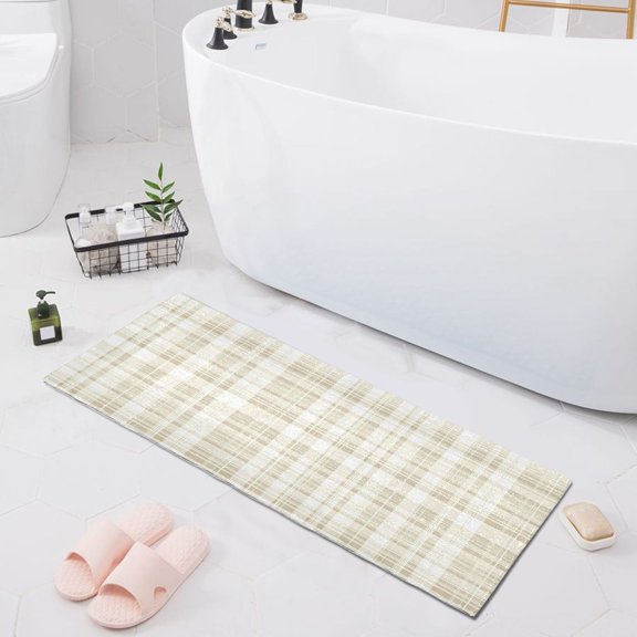 Haosy Beige and White Plaid Bathroom Rugs Non Slip Absorbent Soft Plush Quick Dry Bath Mat, 39"x20"