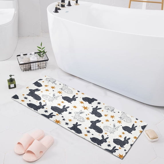 Haosy Black White Rabbits and Stars Bathroom Rugs Non Slip Absorbent Soft Plush Quick Dry Bath Mat, 39"x20"