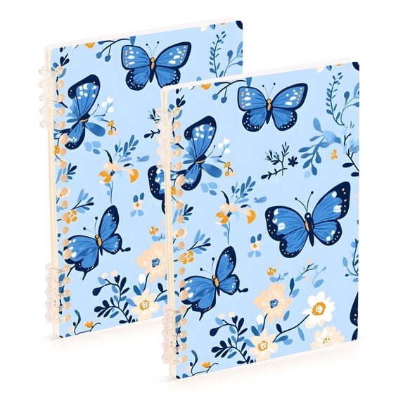 Haosy Blue Butterflies and Flowers Notebooks 2 Pcs 1-subject Journal 60 Sheets A5 College Ruled Paper Detachable Ring 8.3"x5.7"