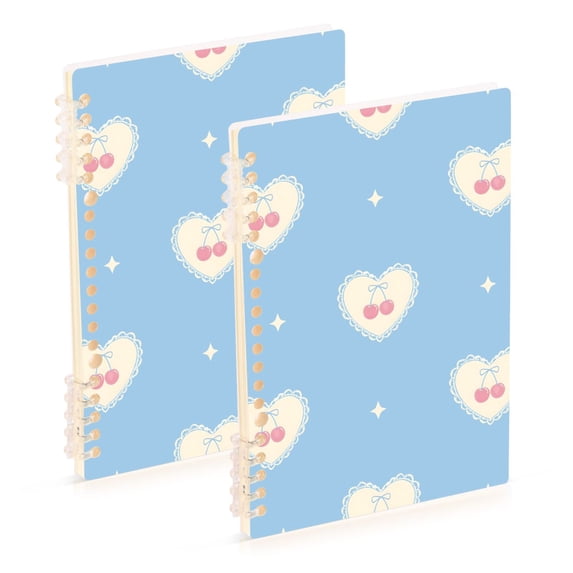 Haosy Blue Lace Cherry Heart Notebooks 2 Pcs 1-subject Journal 60 Sheets A5 College Ruled Paper Detachable Ring 8.3"x5.7"