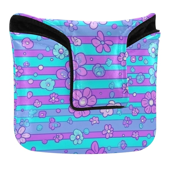 Haosy Blue Pink Stripes with Flowers Golf Mallet Putter Cover Strong Magnetic Leather Golf Club Headcover Closure