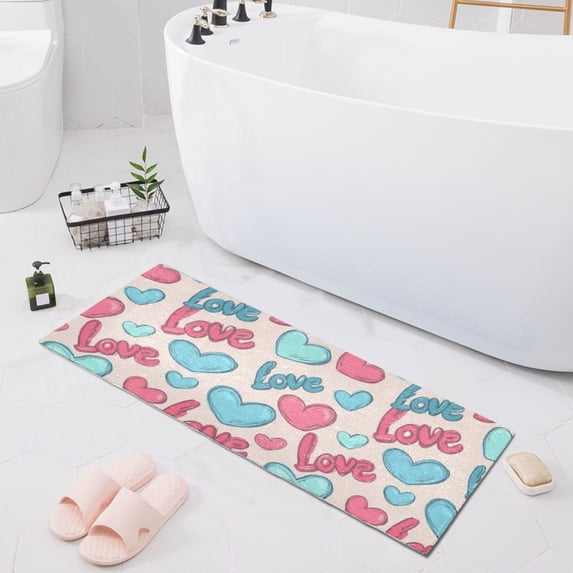 Haosy Blue Red Love Heart Bathroom Rugs Non Slip Absorbent Soft Plush Quick Dry Bath Mat, 39"x20"