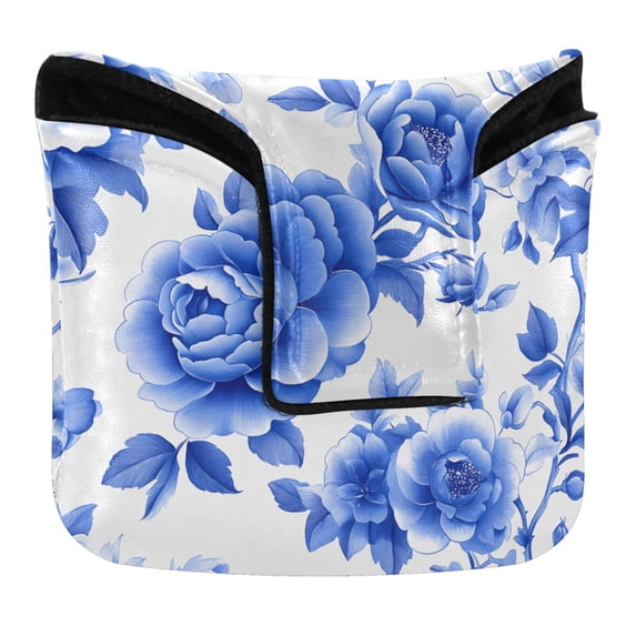 Haosy Blue White Porcelain with Roses Golf Mallet Putter Cover Strong Magnetic Leather Golf Club Headcover Closure