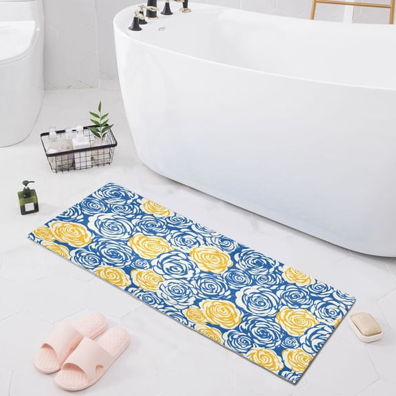 Haosy Blue Yellow Rose Bathroom Rugs Non Slip Absorbent Soft Plush Quick Dry Bath Mat, 39"x20"