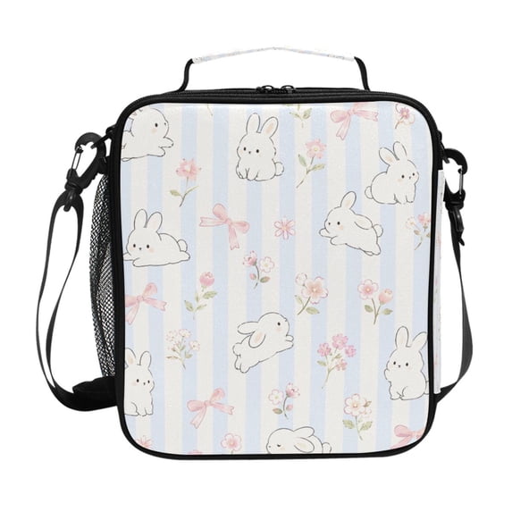 Haosy Bunnies Flowers Bow Striped Reusable Lunch Box Men/Women Insulated Lunch Bag for School Picnic Travel